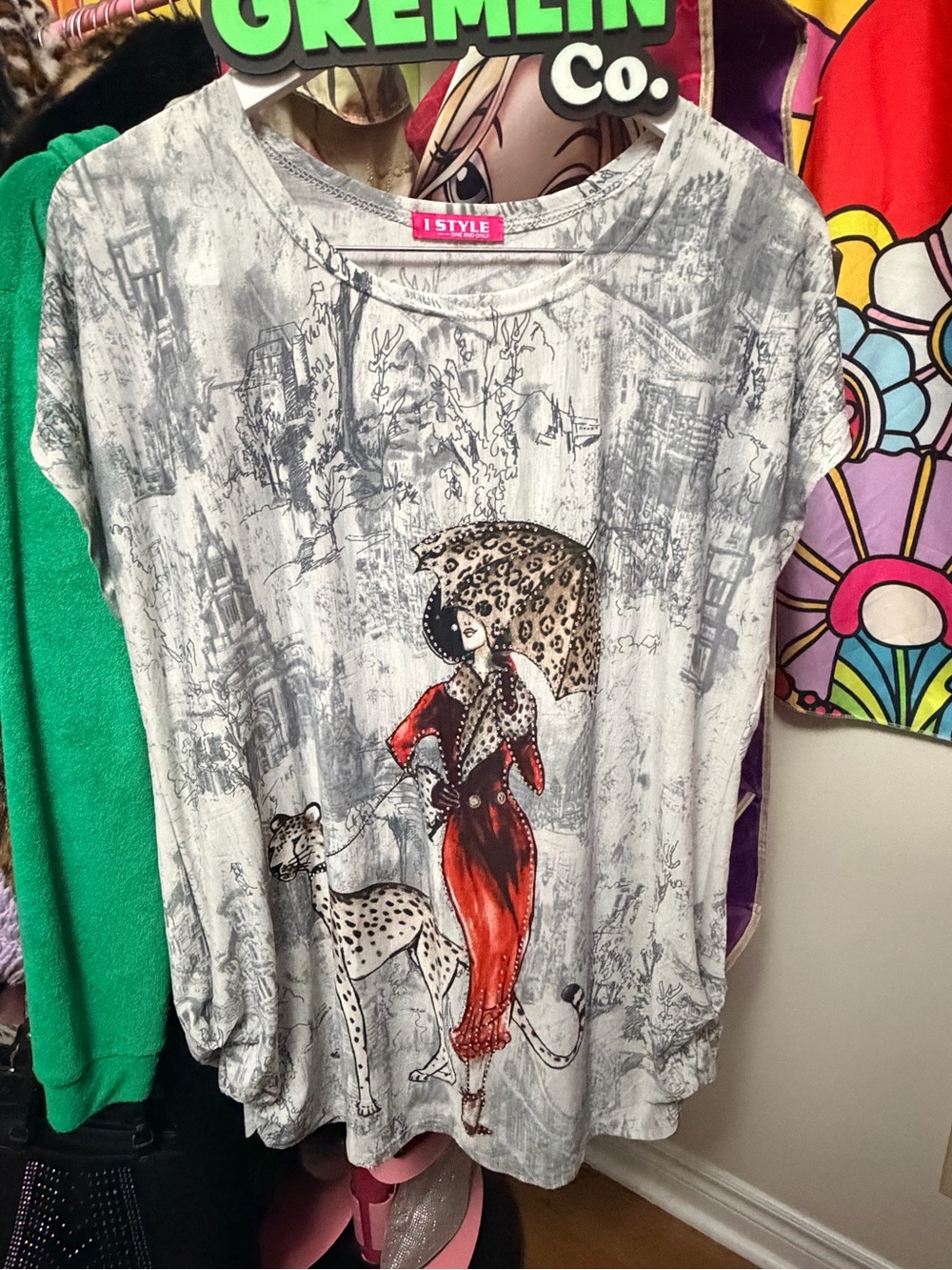 Women’s Grey Graphic Tunic Top with rhinestones Accent